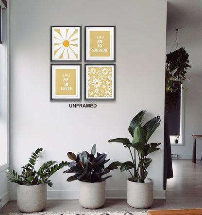 Boho Yellow Daisy Flower Decor Art Print, You Are My Sunshine Poster for Baby Girls Room Nursery, Bohemian Wall Art, Spring Aesthetic Floral Wall Art, 4pcs