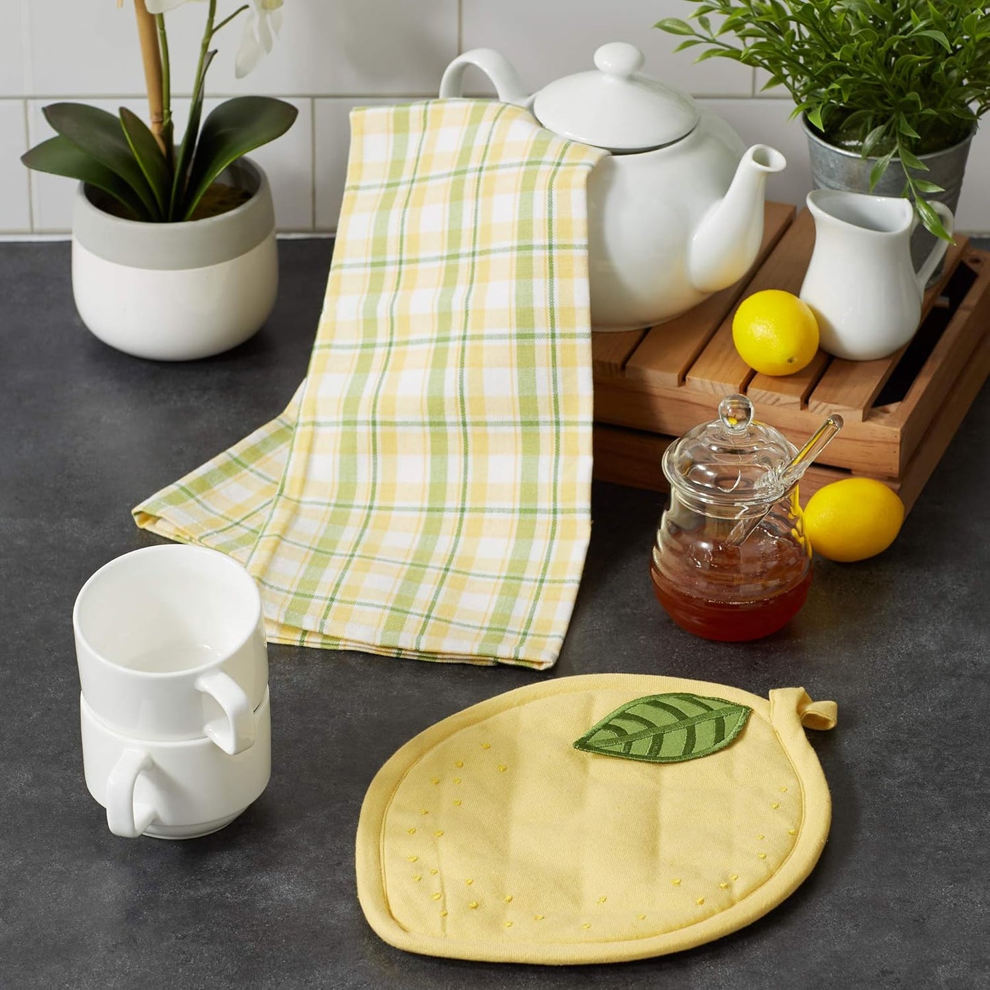 Gift Set Collection Kitchen Set, Potholder & Dishtowel Set, Lemon Plaid, 2 Piece