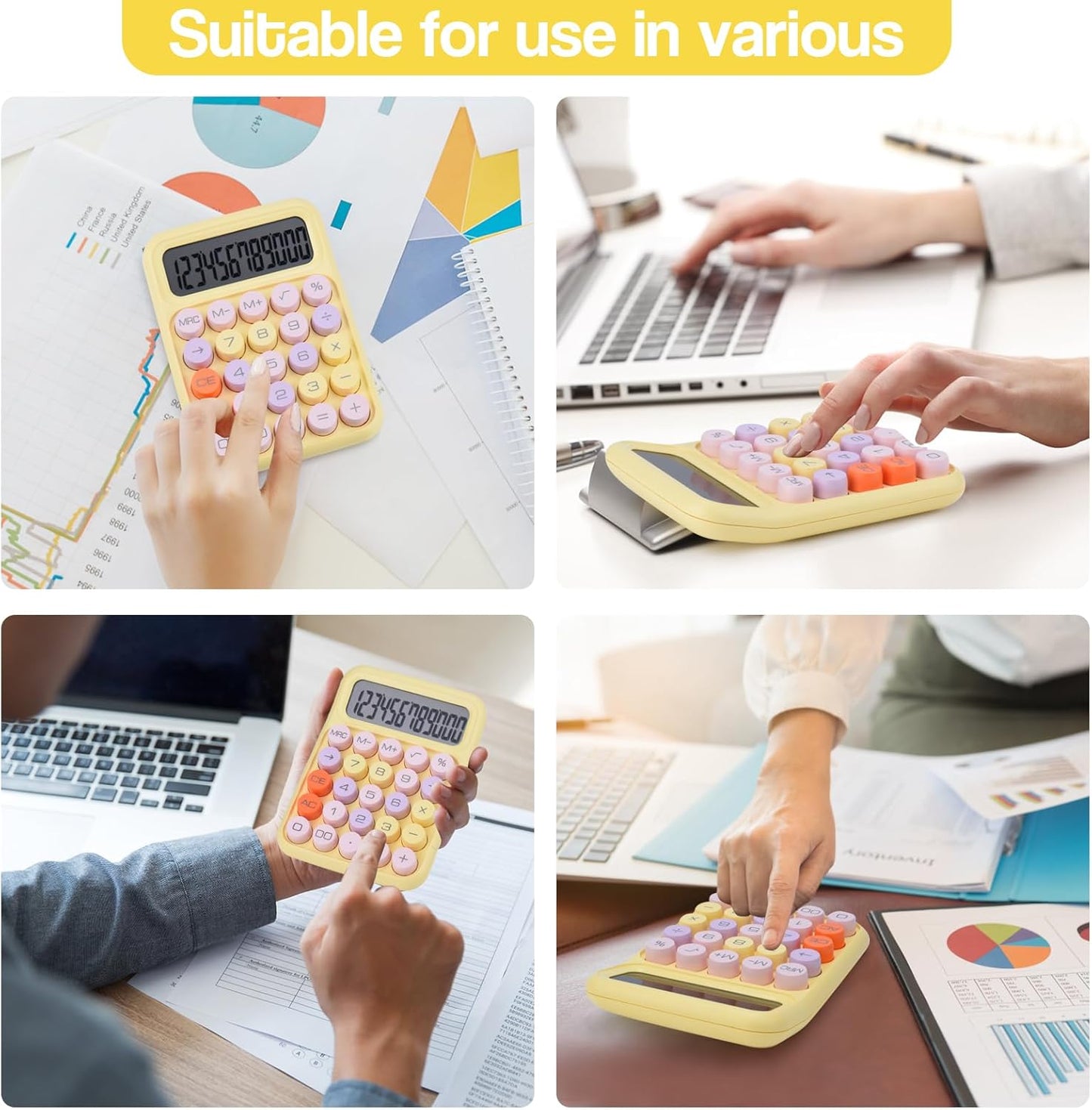 Mechanical Pushbutton Calculator,12 Digit Large LCD Display,Big Buttons Easy to Press,Colorful Candy Calculator,Automatic Sleep,with Battery.for Office,School, Home. (Yellow)