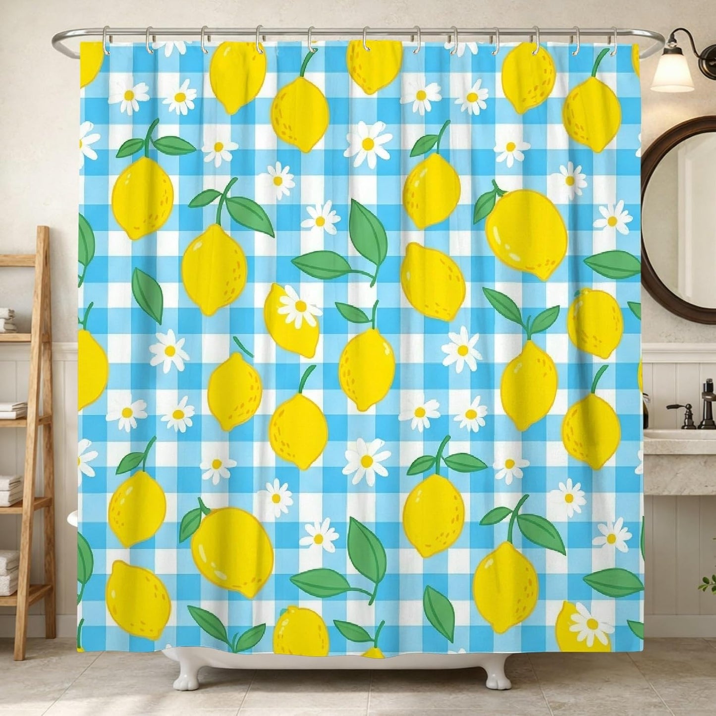 Lemon Shower Curtain, Summer Casual Chrysanthemum Leaf Summer Yellow Polyester Waterproof Decorative Bathroom Curtain for Bathroom Toile Guest Room Decor 72x72 Inch