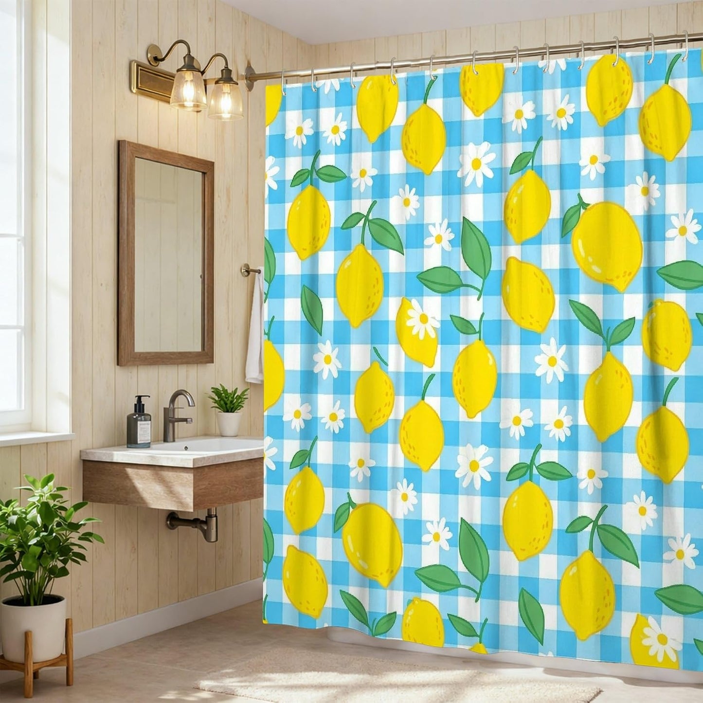 Lemon Shower Curtain, Summer Casual Chrysanthemum Leaf Summer Yellow Polyester Waterproof Decorative Bathroom Curtain for Bathroom Toile Guest Room Decor 72x72 Inch