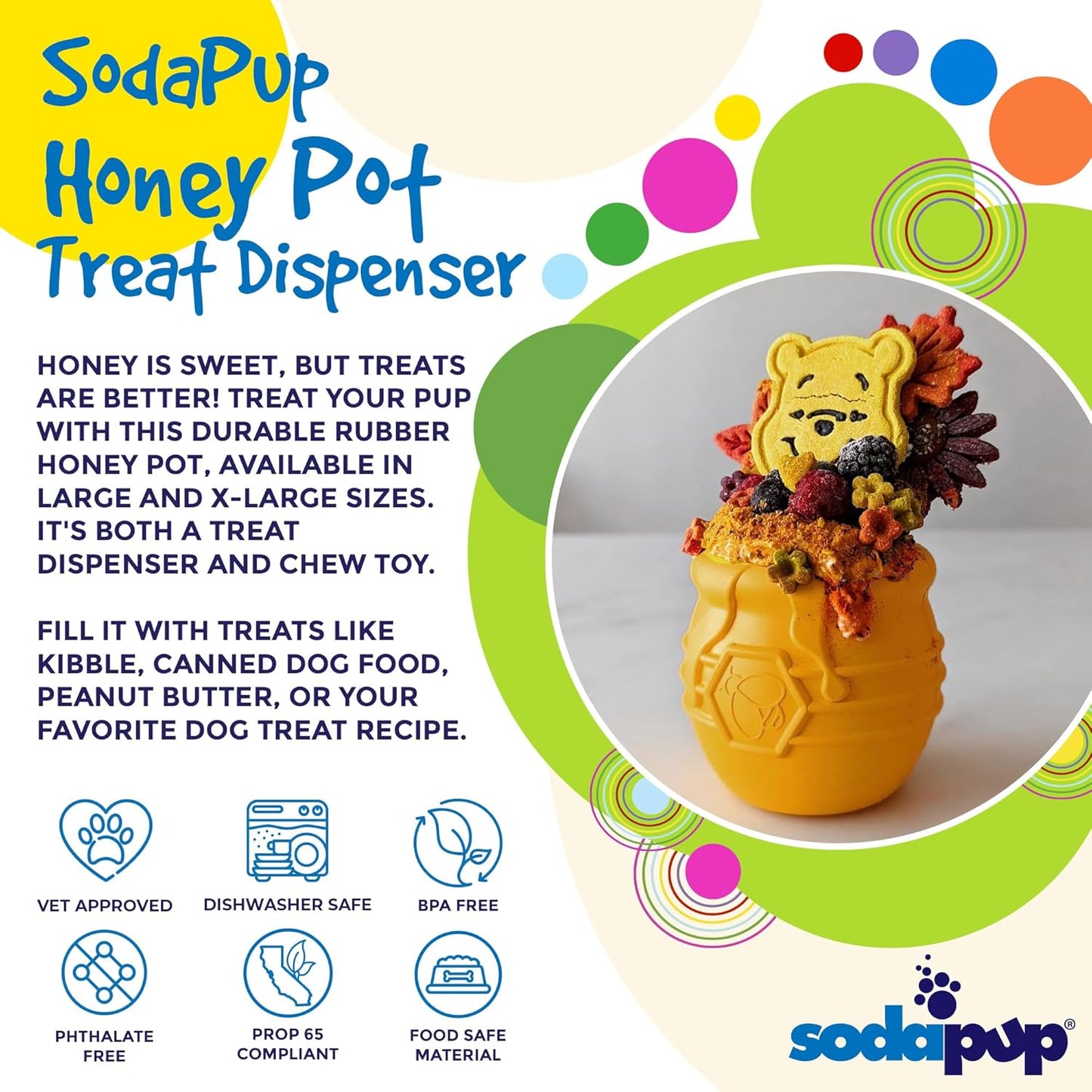 Honey Pot – Durable Dog Treat Dispenser & Enrichment Toy Made in USA from Non-Toxic, Pet Safe, Food Safe Natural Rubber Material for Mental Stimulation, Problem Chewing, Calming Nerves, & More