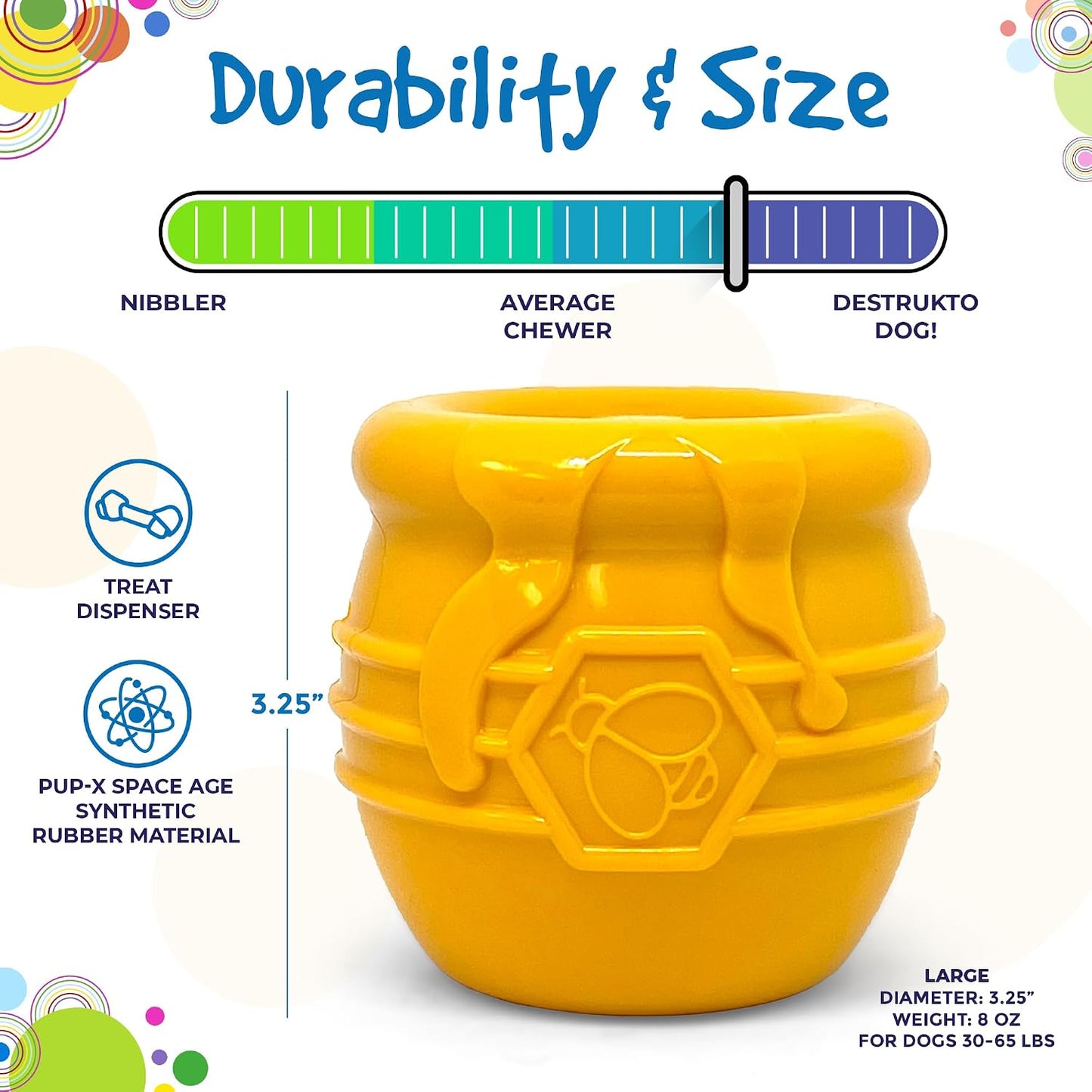 Honey Pot – Durable Dog Treat Dispenser & Enrichment Toy Made in USA from Non-Toxic, Pet Safe, Food Safe Natural Rubber Material for Mental Stimulation, Problem Chewing, Calming Nerves, & More