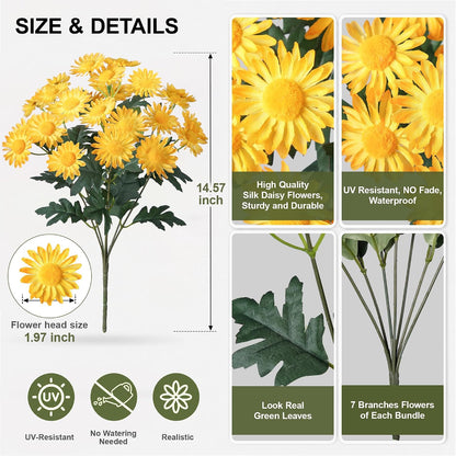 Artificial Fall Faux Mums Flowers Outdoor Plants for Decoration, 6 Bundles Fake Silk Yellow Gerbera Daisy Flowers UV Resistant Look Real for Planter Outside Front Door Porch Patio Balcony