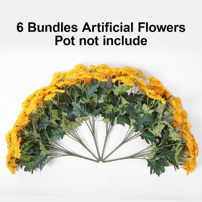 Artificial Fall Faux Mums Flowers Outdoor Plants for Decoration, 6 Bundles Fake Silk Yellow Gerbera Daisy Flowers UV Resistant Look Real for Planter Outside Front Door Porch Patio Balcony