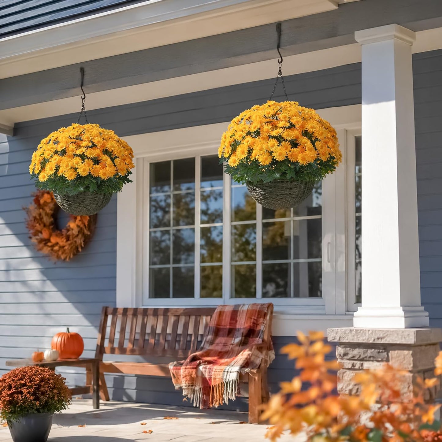 Artificial Fall Faux Mums Flowers Outdoor Plants for Decoration, 6 Bundles Fake Silk Yellow Gerbera Daisy Flowers UV Resistant Look Real for Planter Outside Front Door Porch Patio Balcony