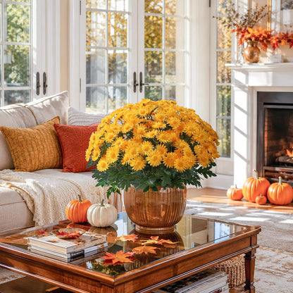 Artificial Fall Faux Mums Flowers Outdoor Plants for Decoration, 6 Bundles Fake Silk Yellow Gerbera Daisy Flowers UV Resistant Look Real for Planter Outside Front Door Porch Patio Balcony