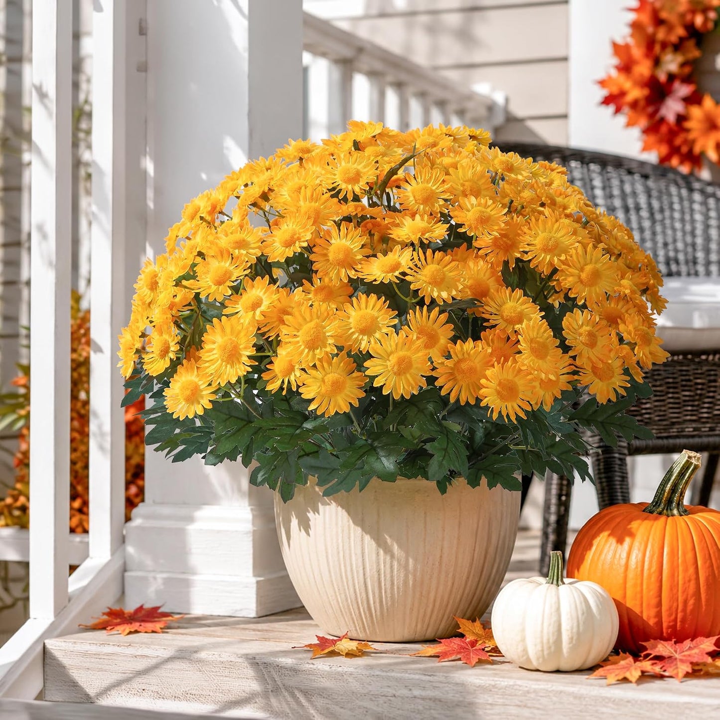Artificial Fall Faux Mums Flowers Outdoor Plants for Decoration, 6 Bundles Fake Silk Yellow Gerbera Daisy Flowers UV Resistant Look Real for Planter Outside Front Door Porch Patio Balcony