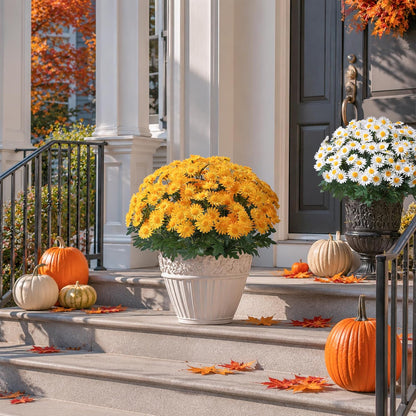 Artificial Fall Faux Mums Flowers Outdoor Plants for Decoration, 6 Bundles Fake Silk Yellow Gerbera Daisy Flowers UV Resistant Look Real for Planter Outside Front Door Porch Patio Balcony