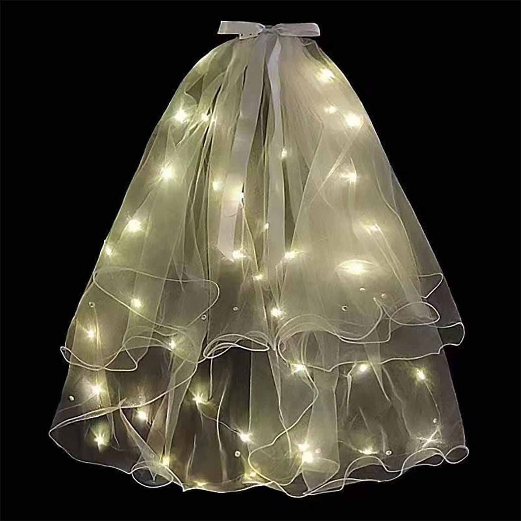 Light Up Bowknot Wedding Veil Tulle Bridal Shower Short Veils Bachelorette Party Hair Accessories for Women TS001 (Yellow Light)
