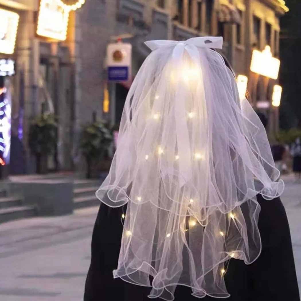 Light Up Bowknot Wedding Veil Tulle Bridal Shower Short Veils Bachelorette Party Hair Accessories for Women TS001 (Yellow Light)