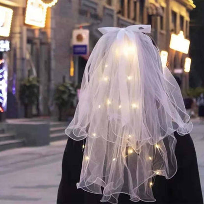 Light Up Bowknot Wedding Veil Tulle Bridal Shower Short Veils Bachelorette Party Hair Accessories for Women TS001 (Yellow Light)