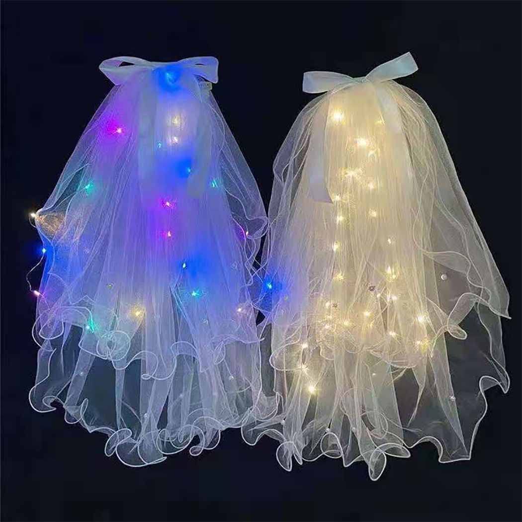Light Up Bowknot Wedding Veil Tulle Bridal Shower Short Veils Bachelorette Party Hair Accessories for Women TS001 (Yellow Light)