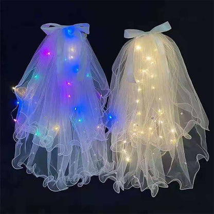 Light Up Bowknot Wedding Veil Tulle Bridal Shower Short Veils Bachelorette Party Hair Accessories for Women TS001 (Yellow Light)