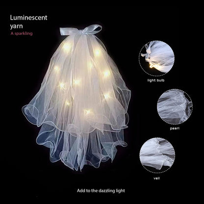 Light Up Bowknot Wedding Veil Tulle Bridal Shower Short Veils Bachelorette Party Hair Accessories for Women TS001 (Yellow Light)