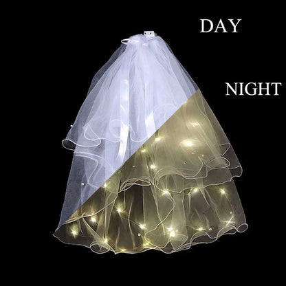 Light Up Bowknot Wedding Veil Tulle Bridal Shower Short Veils Bachelorette Party Hair Accessories for Women TS001 (Yellow Light)