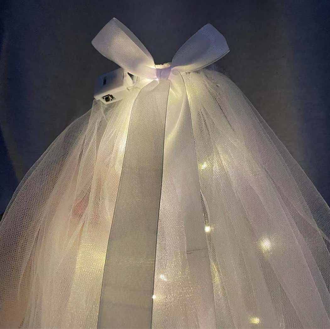 Light Up Bowknot Wedding Veil Tulle Bridal Shower Short Veils Bachelorette Party Hair Accessories for Women TS001 (Yellow Light)