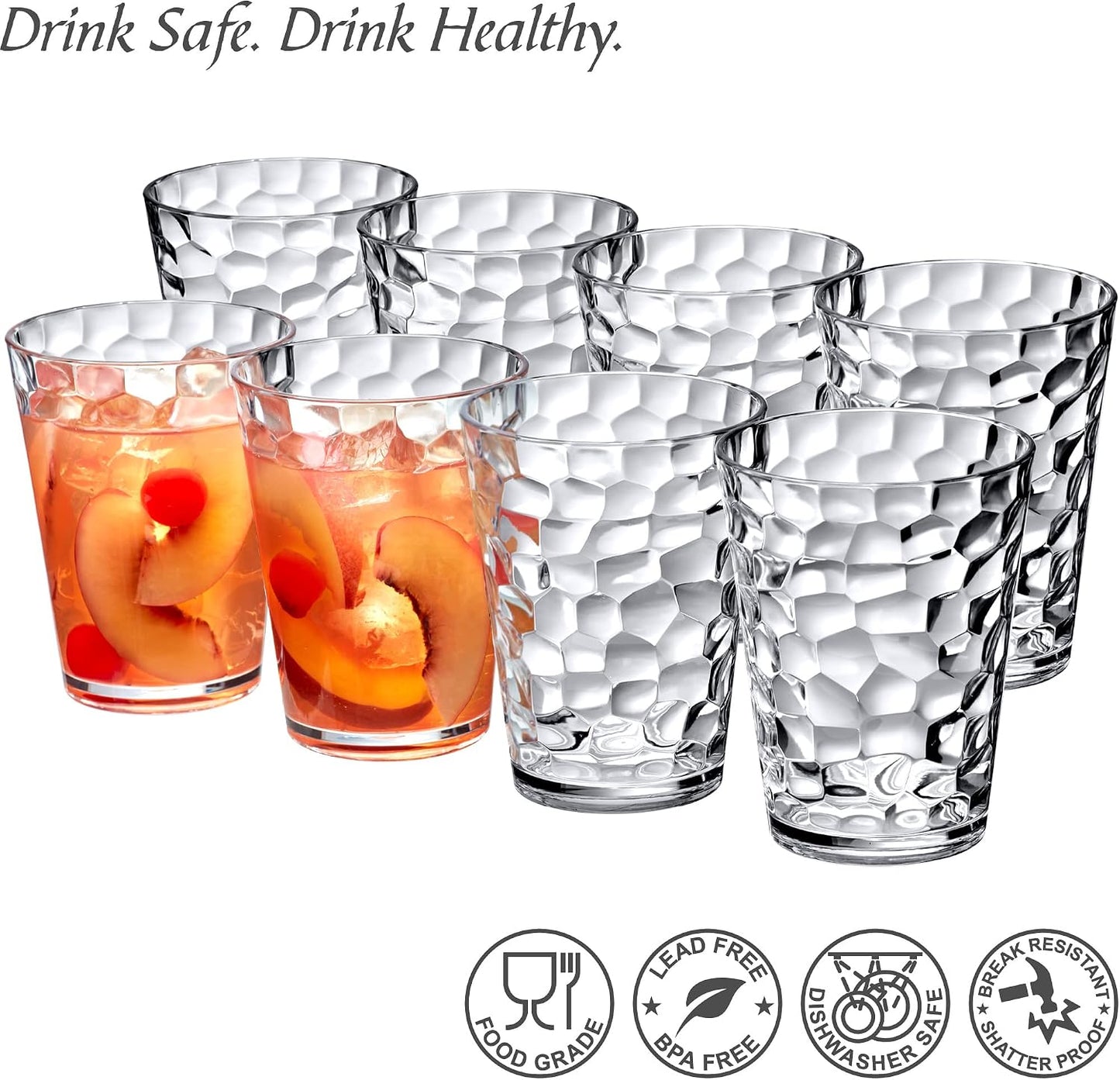 Iceberg - 16-Ounce Plastic Tumblers (Set of 8), All-Clear Reusable Plastic Cups, Stackable, BPA-Free, Shatter-Proof, Dishwasher-Safe