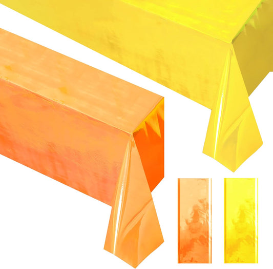 2 Pieces Orange & Yellow Iridescence Tablecloth, 40 x 108“ Disposable Shiny Laser Table Cloth, Glitter Plastic Tablecloths, Holographic Iridescent Table Cover for Party Decoration, Wedding and Banquet