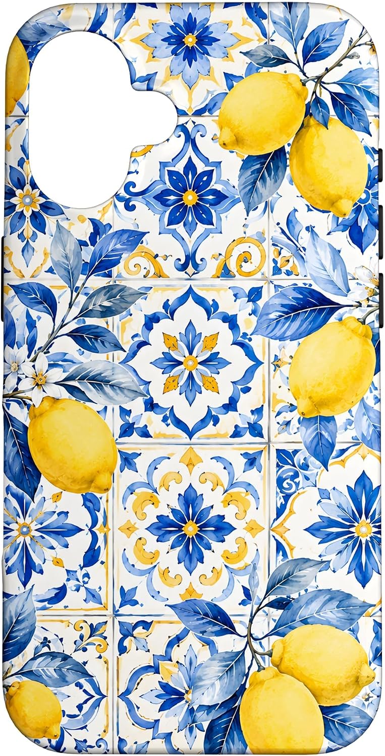 Lemon Yellow Blue Tile Mediterranean Pattern Italian Summer Case for iPhone 16