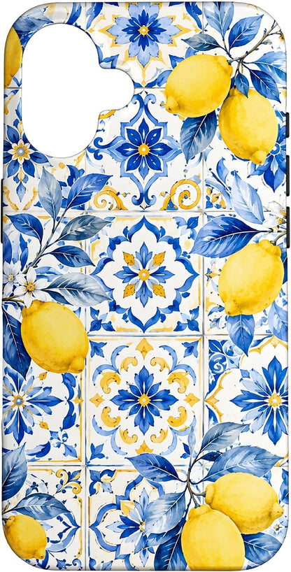 Lemon Yellow Blue Tile Mediterranean Pattern Italian Summer Case for iPhone 16