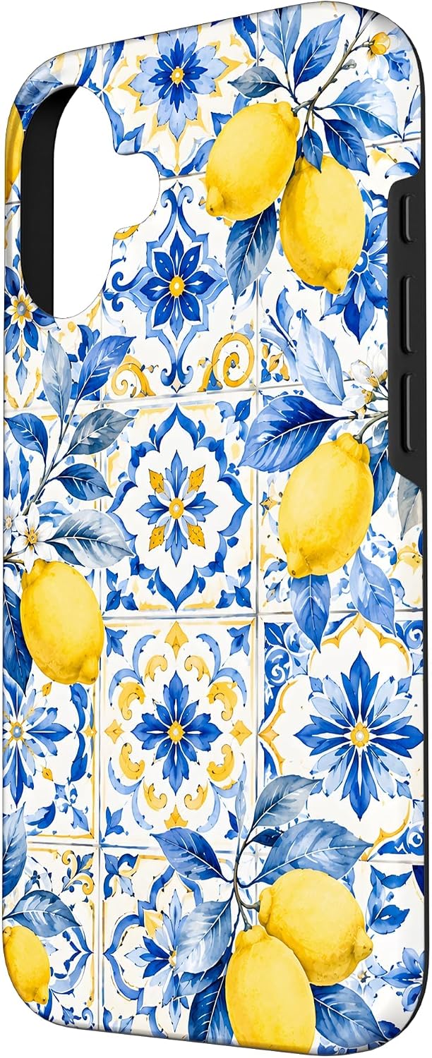 Lemon Yellow Blue Tile Mediterranean Pattern Italian Summer Case for iPhone 16