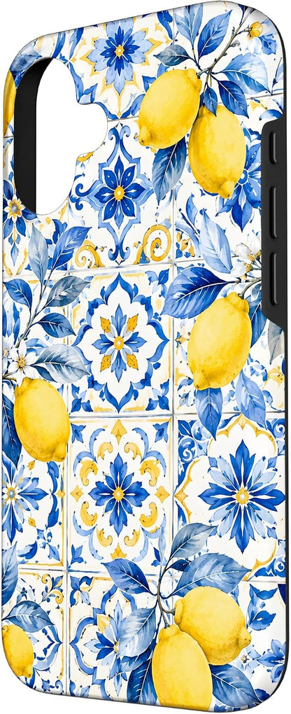 Lemon Yellow Blue Tile Mediterranean Pattern Italian Summer Case for iPhone 16