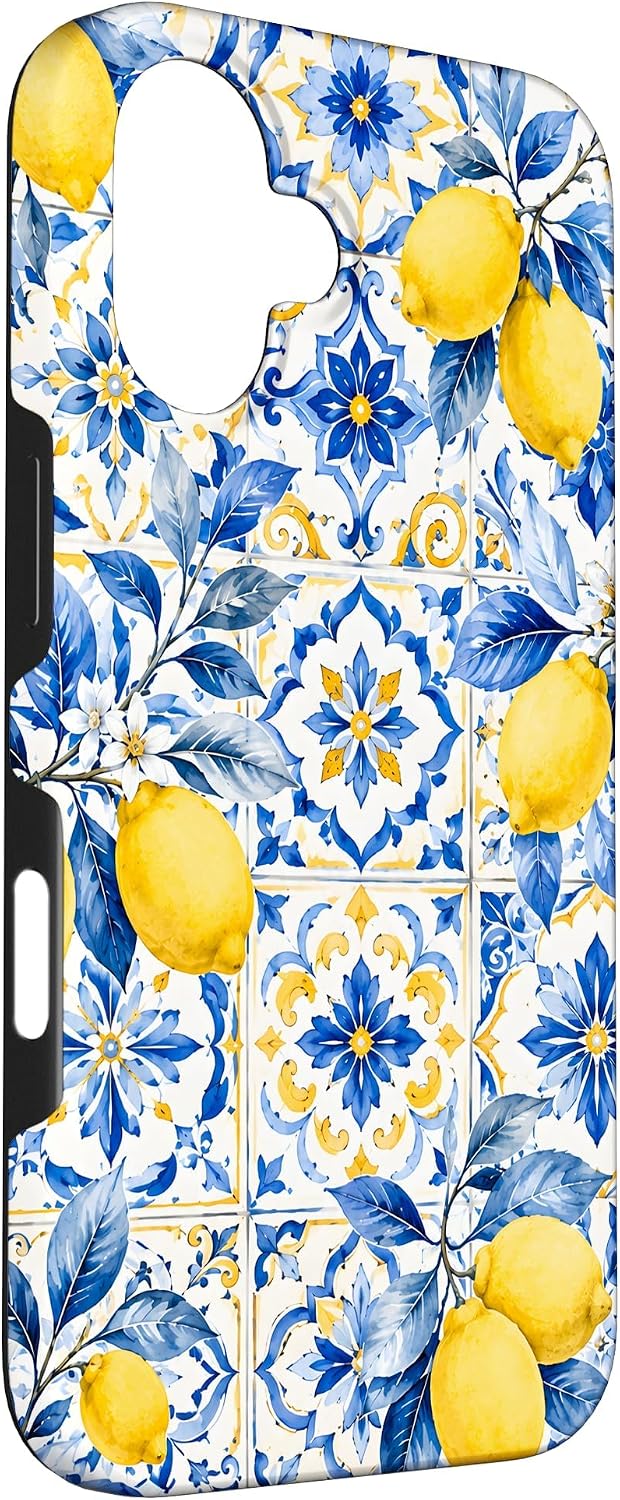 Lemon Yellow Blue Tile Mediterranean Pattern Italian Summer Case for iPhone 16