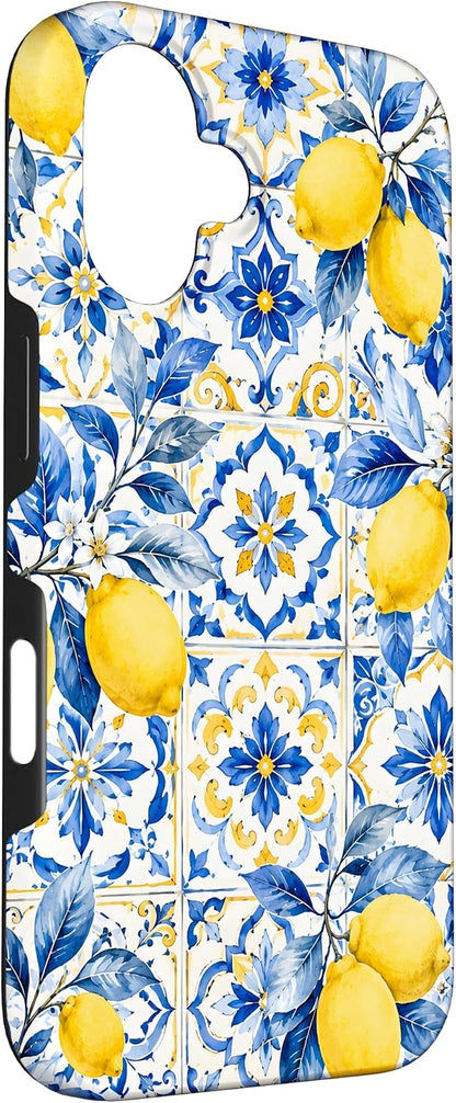 Lemon Yellow Blue Tile Mediterranean Pattern Italian Summer Case for iPhone 16