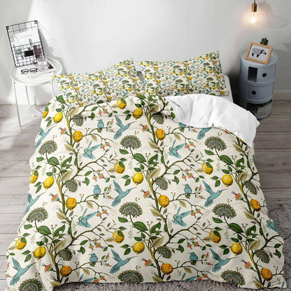 LUVIVIHOME 3PCS Blue Bird Lemon Duvet Cover King Bedding Set, Beige Duvet Cover, Aesthetic Spring Summer Green Leaves Plant Botanical Citrus Allover Fruit Comforter Cover, Bed in a Bag, 2 Pillow Cases