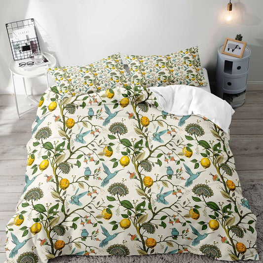 LUVIVIHOME 3PCS Blue Bird Lemon Duvet Cover King Bedding Set, Beige Duvet Cover, Aesthetic Spring Summer Green Leaves Plant Botanical Citrus Allover Fruit Comforter Cover, Bed in a Bag, 2 Pillow Cases