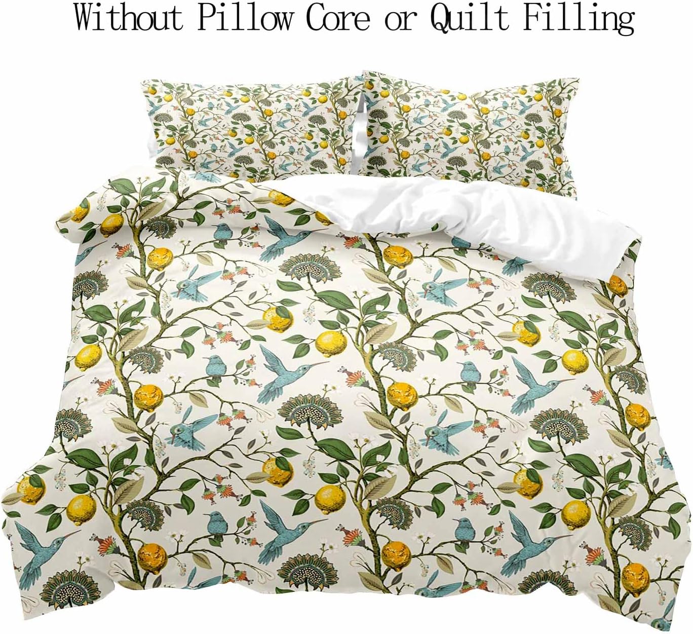 LUVIVIHOME 3PCS Blue Bird Lemon Duvet Cover King Bedding Set, Beige Duvet Cover, Aesthetic Spring Summer Green Leaves Plant Botanical Citrus Allover Fruit Comforter Cover, Bed in a Bag, 2 Pillow Cases