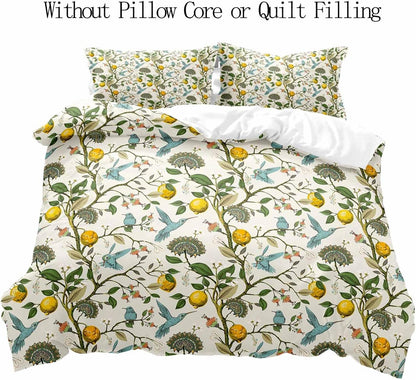LUVIVIHOME 3PCS Blue Bird Lemon Duvet Cover King Bedding Set, Beige Duvet Cover, Aesthetic Spring Summer Green Leaves Plant Botanical Citrus Allover Fruit Comforter Cover, Bed in a Bag, 2 Pillow Cases