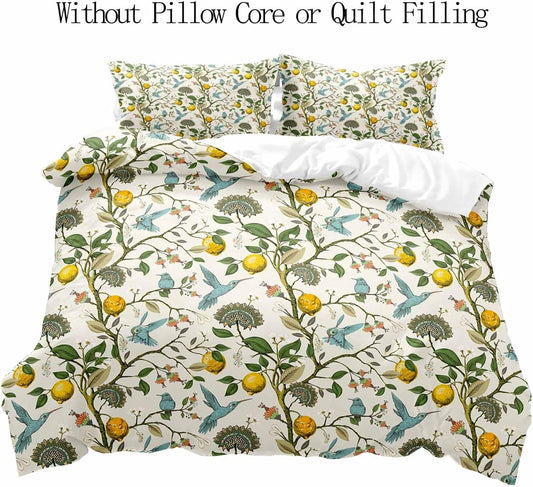 LUVIVIHOME 3PCS Blue Bird Lemon Duvet Cover King Bedding Set, Beige Duvet Cover, Aesthetic Spring Summer Green Leaves Plant Botanical Citrus Allover Fruit Comforter Cover, Bed in a Bag, 2 Pillow Cases