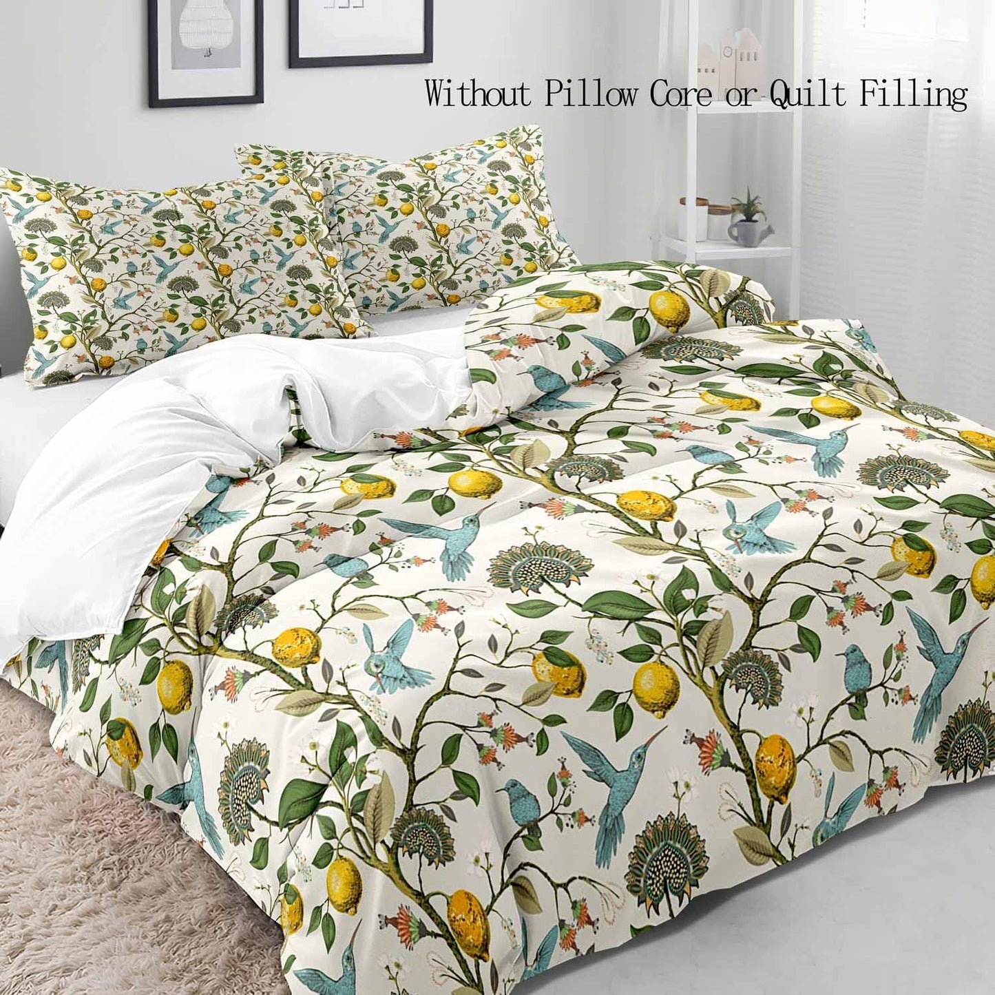 LUVIVIHOME 3PCS Blue Bird Lemon Duvet Cover King Bedding Set, Beige Duvet Cover, Aesthetic Spring Summer Green Leaves Plant Botanical Citrus Allover Fruit Comforter Cover, Bed in a Bag, 2 Pillow Cases