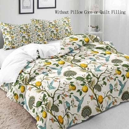 LUVIVIHOME 3PCS Blue Bird Lemon Duvet Cover King Bedding Set, Beige Duvet Cover, Aesthetic Spring Summer Green Leaves Plant Botanical Citrus Allover Fruit Comforter Cover, Bed in a Bag, 2 Pillow Cases