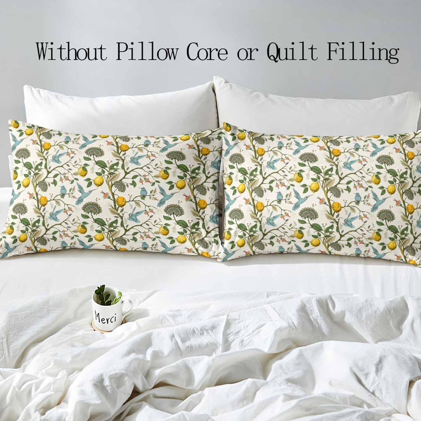 LUVIVIHOME 3PCS Blue Bird Lemon Duvet Cover King Bedding Set, Beige Duvet Cover, Aesthetic Spring Summer Green Leaves Plant Botanical Citrus Allover Fruit Comforter Cover, Bed in a Bag, 2 Pillow Cases