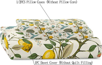 LUVIVIHOME 3PCS Blue Bird Lemon Duvet Cover King Bedding Set, Beige Duvet Cover, Aesthetic Spring Summer Green Leaves Plant Botanical Citrus Allover Fruit Comforter Cover, Bed in a Bag, 2 Pillow Cases
