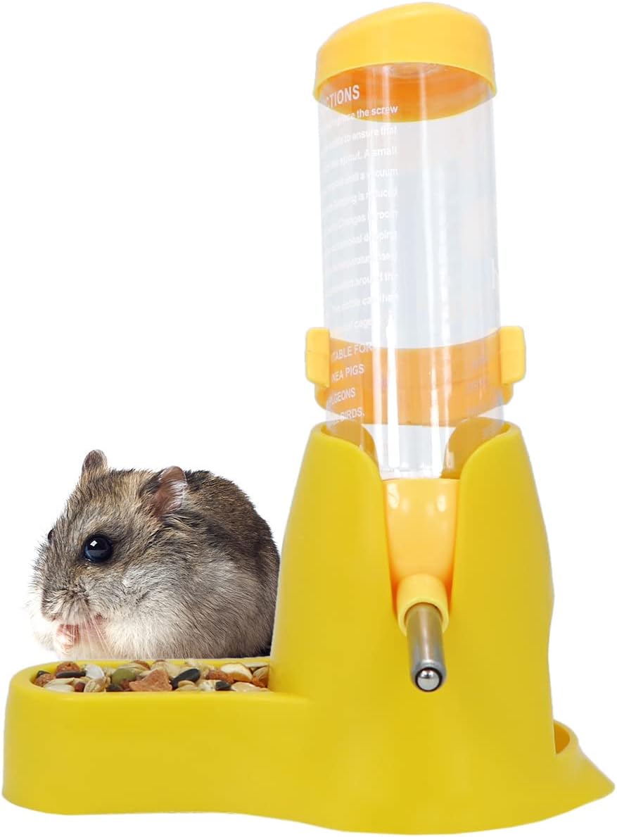 3 in 1 Hamster Water Bottle with Food Bowl Hideout Base 125ML Yellow | Water dispenser, food container, hideout, stable base, easy to refill, for glass tank/cage, dwarf hamster/mouse/gerbil, 4.2oz