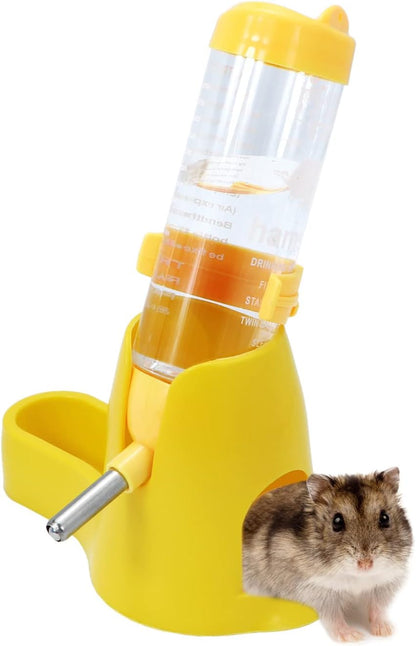 3 in 1 Hamster Water Bottle with Food Bowl Hideout Base 125ML Yellow | Water dispenser, food container, hideout, stable base, easy to refill, for glass tank/cage, dwarf hamster/mouse/gerbil, 4.2oz