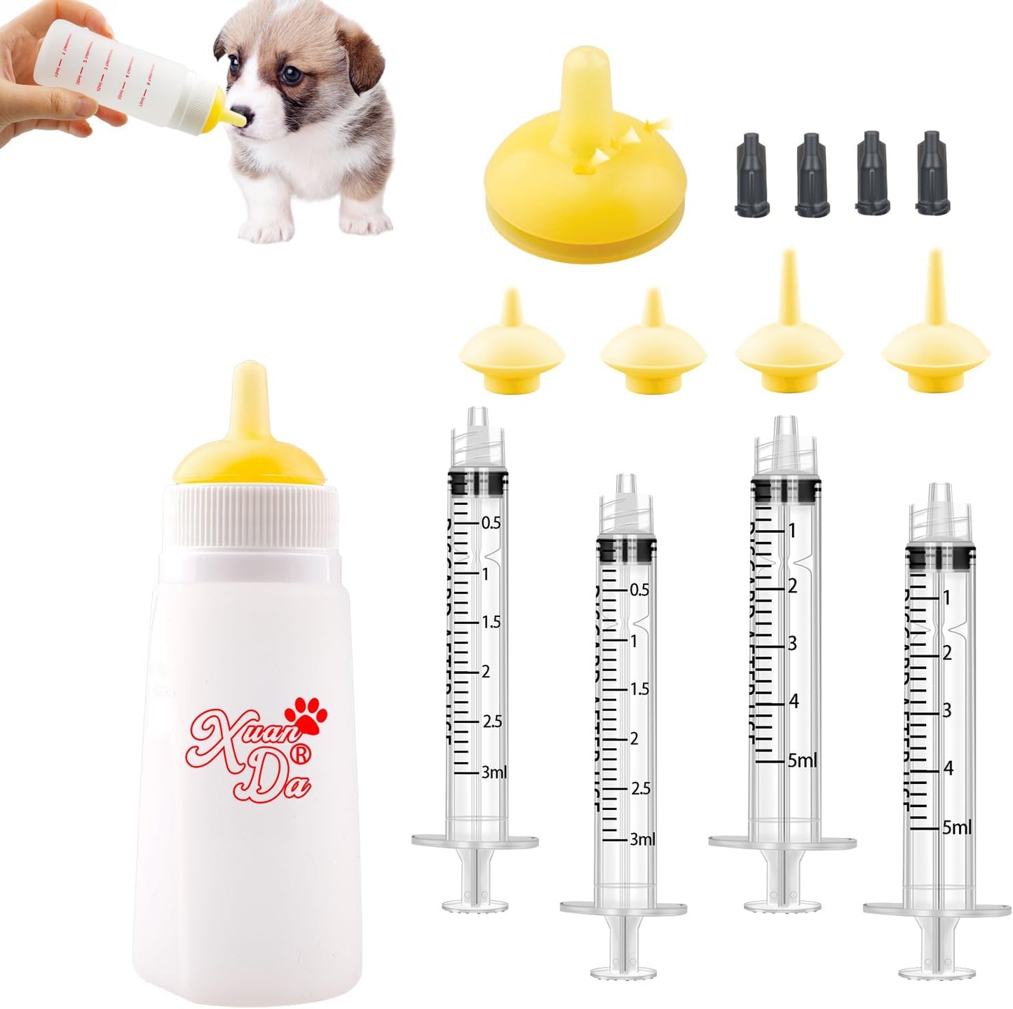 Kitten Bottle Feeding kit with Feeding Nipple and Syringe, Soft Silicone Nursing Pet Feeding Bottle, Ventilation Valve Resistant Tearing for Small Puppies, Kittens, Rabbit (L Nipple-Yellow)