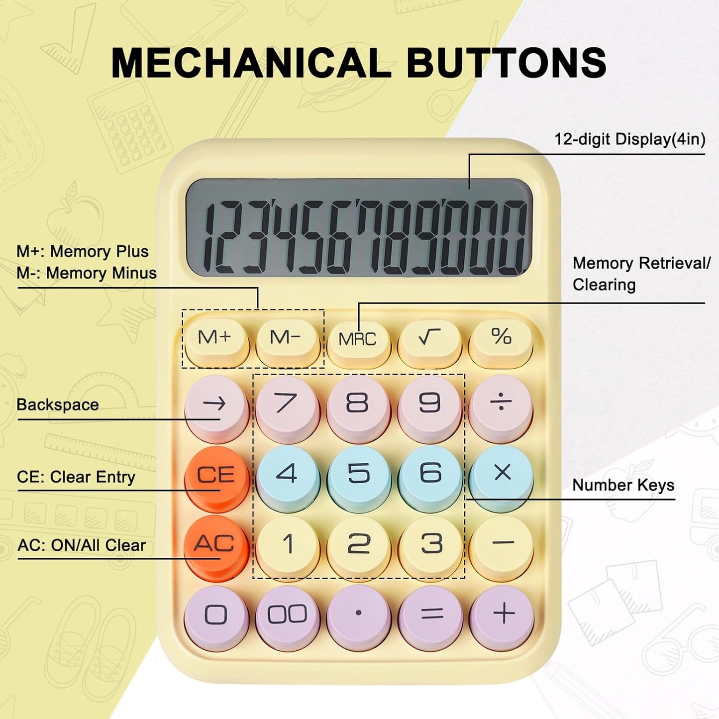 Mechanical Switch Calculator with Big Buttons, Calculators Desktop, 12 Digits, Large LCD Display, Desk Calculator, Cute Pink Calculators for Teachers Students Basic Office (Yellow)