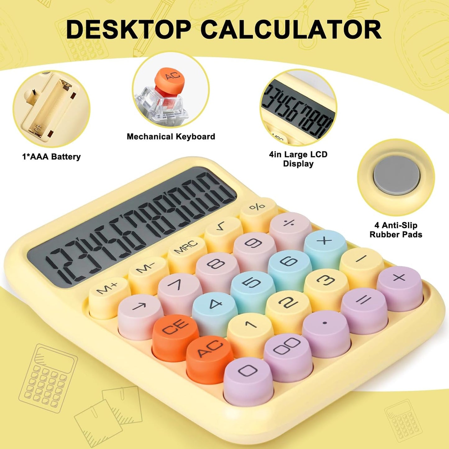 Mechanical Switch Calculator with Big Buttons, Calculators Desktop, 12 Digits, Large LCD Display, Desk Calculator, Cute Pink Calculators for Teachers Students Basic Office (Yellow)