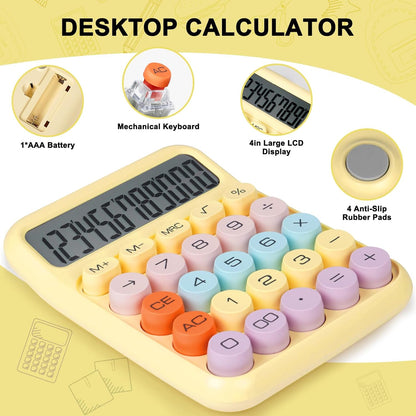 Mechanical Switch Calculator with Big Buttons, Calculators Desktop, 12 Digits, Large LCD Display, Desk Calculator, Cute Pink Calculators for Teachers Students Basic Office (Yellow)