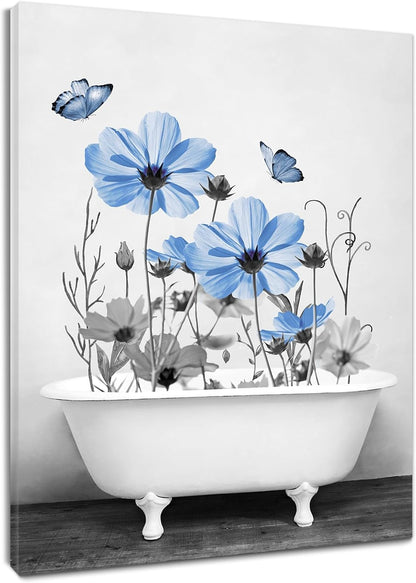 Yellow Floral Wall Art Yellow Gray Flower and Butterfly in Bathtub Canvas Wall Art Farmhouse Wall Decor for Living Room Bedroom Bathroom Office Home Framed Ready to Hang 16L x 12W Inch