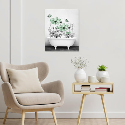 Yellow Floral Wall Art Yellow Gray Flower and Butterfly in Bathtub Canvas Wall Art Farmhouse Wall Decor for Living Room Bedroom Bathroom Office Home Framed Ready to Hang 16L x 12W Inch