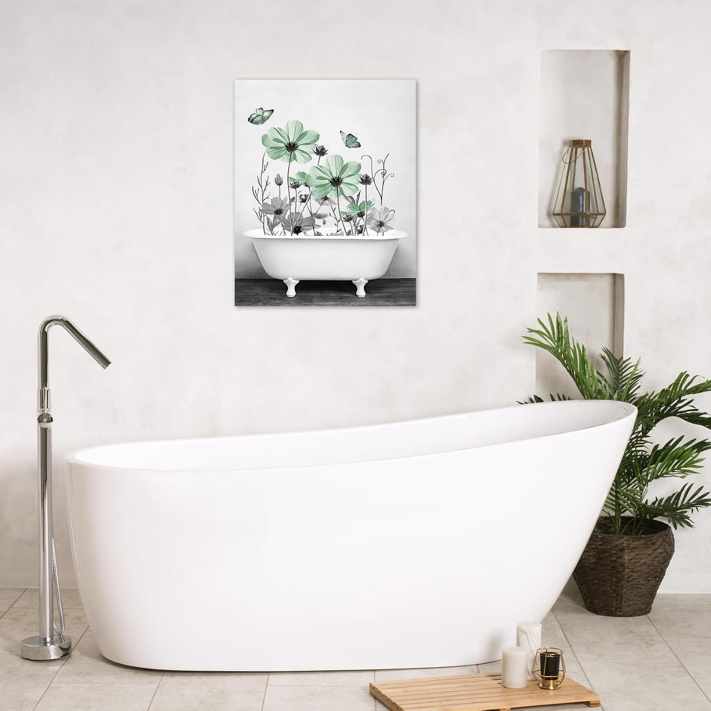 Yellow Floral Wall Art Yellow Gray Flower and Butterfly in Bathtub Canvas Wall Art Farmhouse Wall Decor for Living Room Bedroom Bathroom Office Home Framed Ready to Hang 16L x 12W Inch