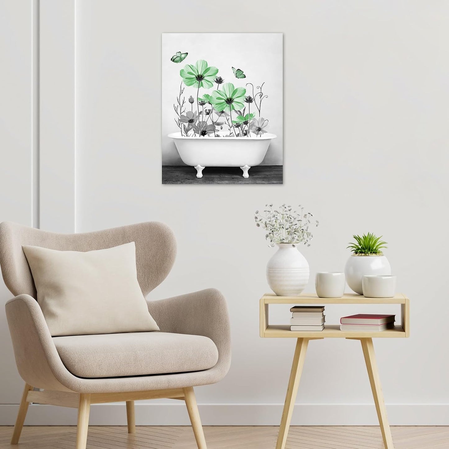 Yellow Floral Wall Art Yellow Gray Flower and Butterfly in Bathtub Canvas Wall Art Farmhouse Wall Decor for Living Room Bedroom Bathroom Office Home Framed Ready to Hang 16L x 12W Inch