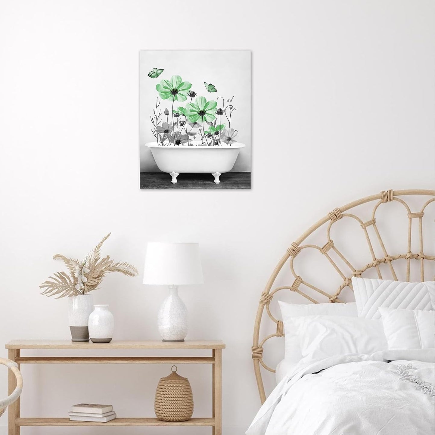 Yellow Floral Wall Art Yellow Gray Flower and Butterfly in Bathtub Canvas Wall Art Farmhouse Wall Decor for Living Room Bedroom Bathroom Office Home Framed Ready to Hang 16L x 12W Inch