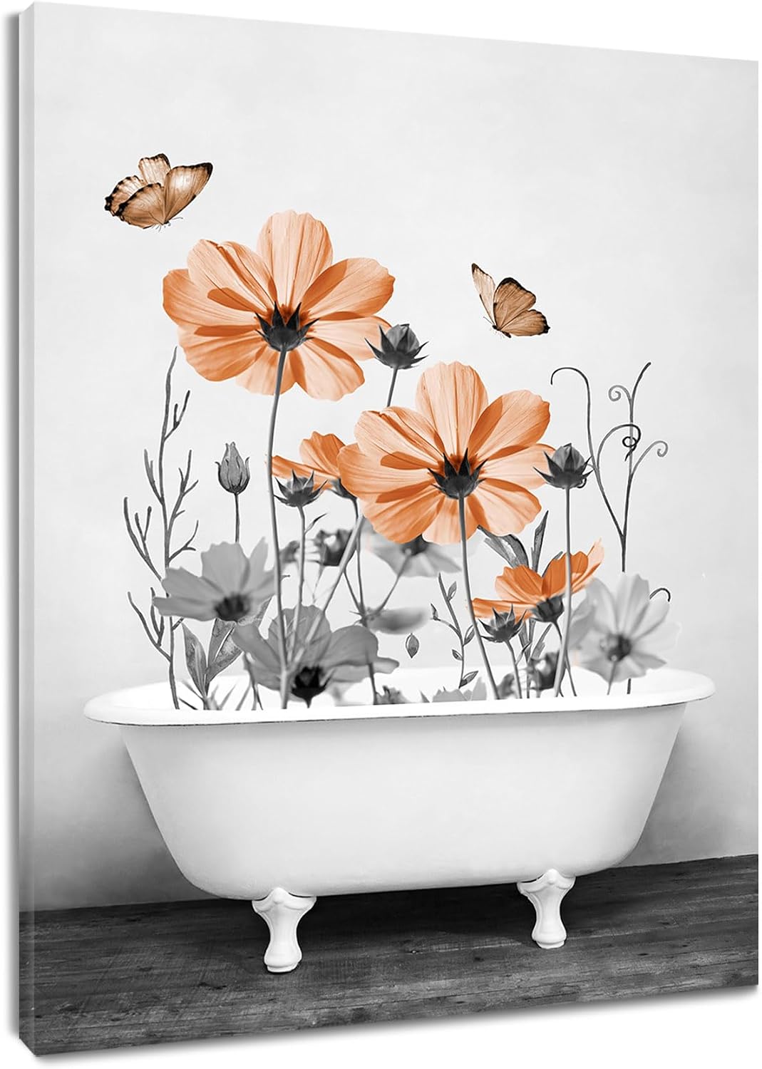 Yellow Floral Wall Art Yellow Gray Flower and Butterfly in Bathtub Canvas Wall Art Farmhouse Wall Decor for Living Room Bedroom Bathroom Office Home Framed Ready to Hang 16L x 12W Inch